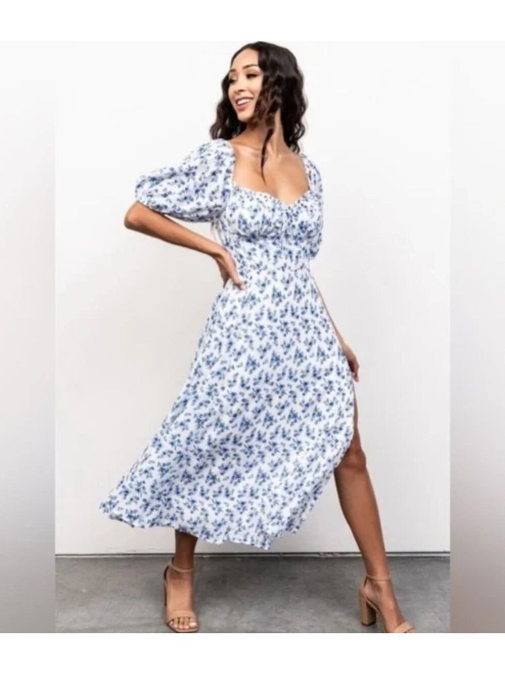 Baltic Born Gwen Smocked Midi Dress Cottagecore White Blue Floral Small